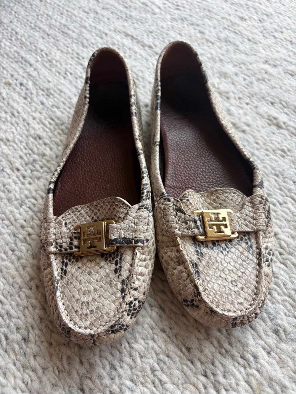 TORY BURCH Kendrick Snake-Print Leather Driving Loafers with Gold Logo